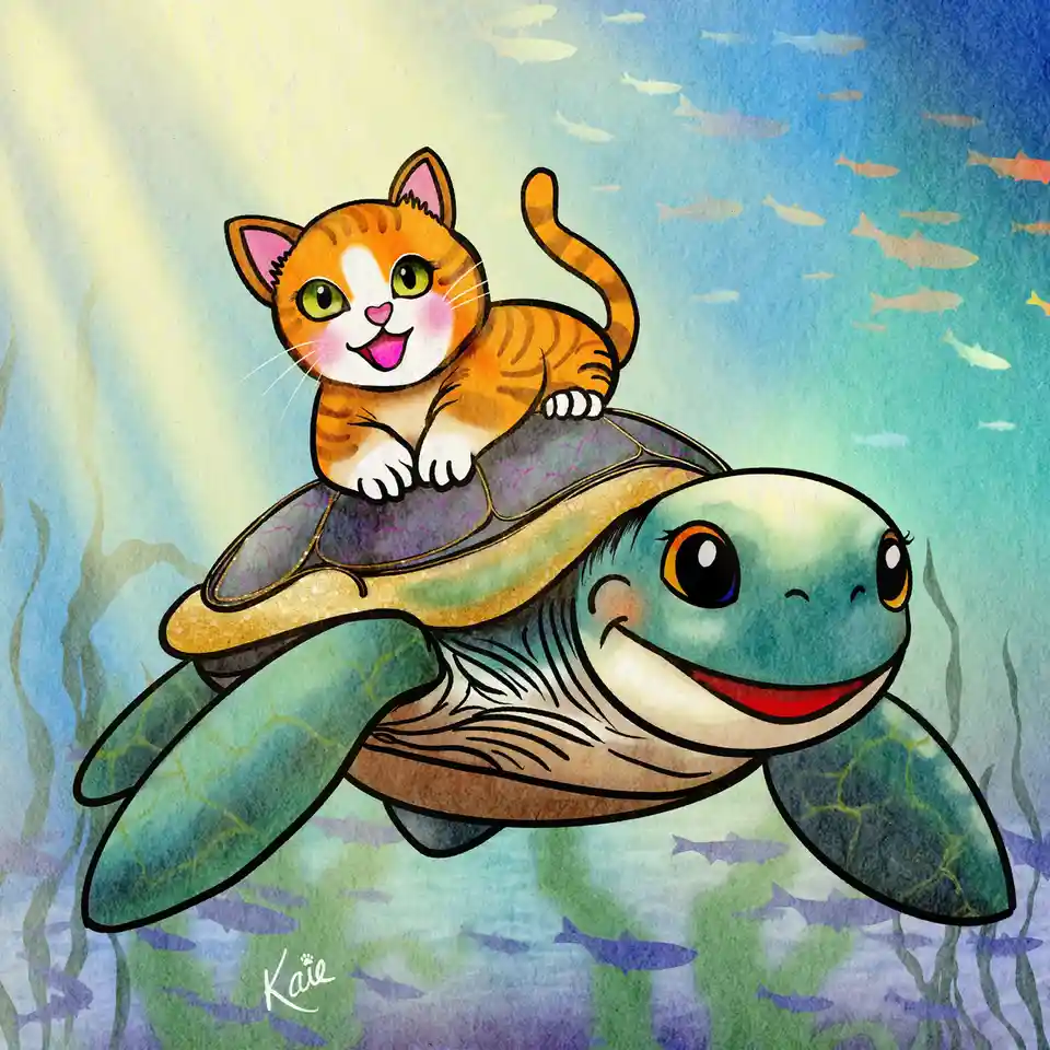 A cartoon illustration shows a cheerful orange tabby cat with green eyes and a pink nose sitting happily on the back of a…