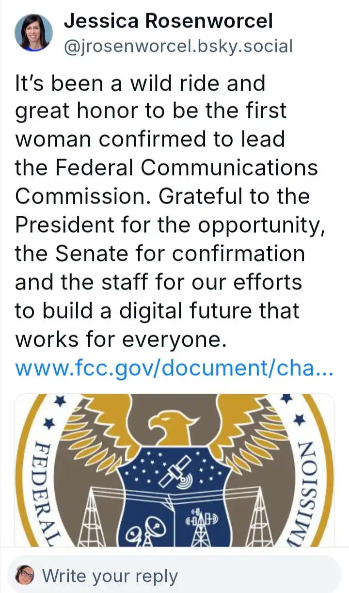 A screenshot of a social media post by Jessica Rosenworcel, showing her official confirmation as the first woman to lead the…