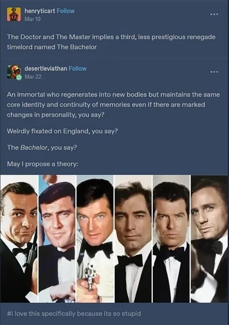 A screenshot of a Twitter thread where one user jokingly suggests 'The Bachelor' as a third renegade Time Lord, prompting a…