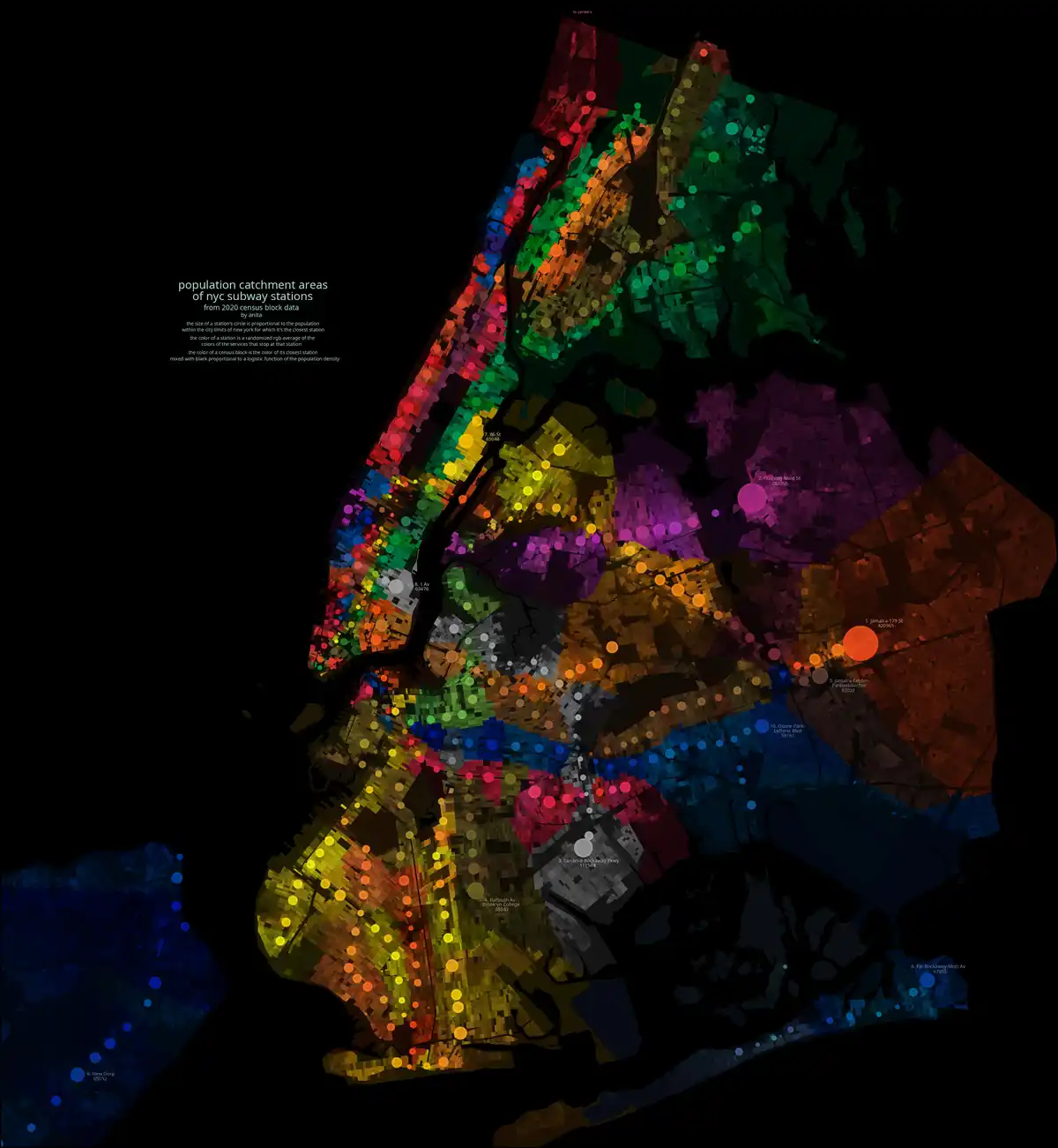 A colorful, data-driven map of New York City showing population catchment areas for subway stations, with circles…