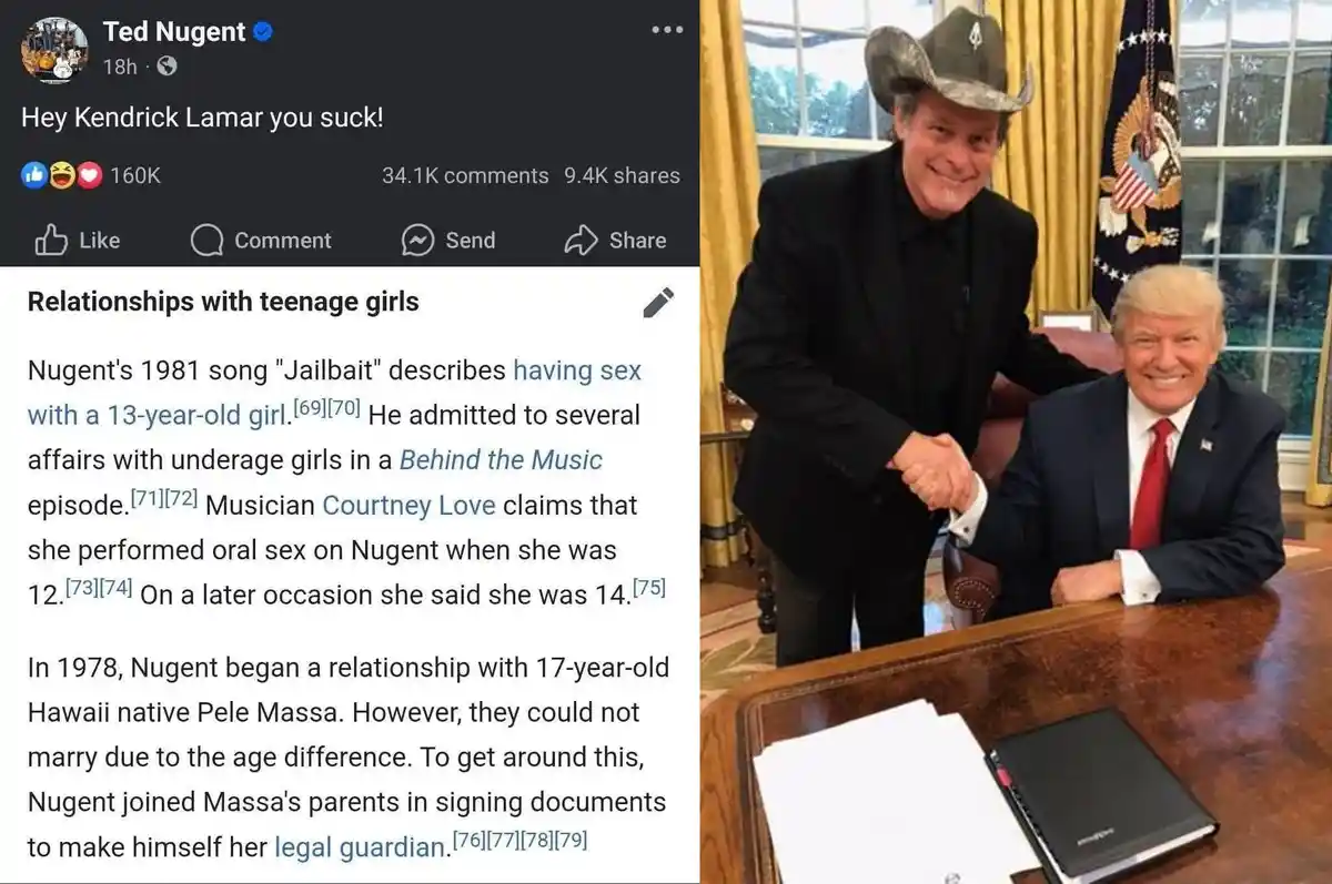The image shows a split-screen: on the left, a screenshot of Ted Nugent's Facebook post saying 'Hey Kendrick Lamar you…