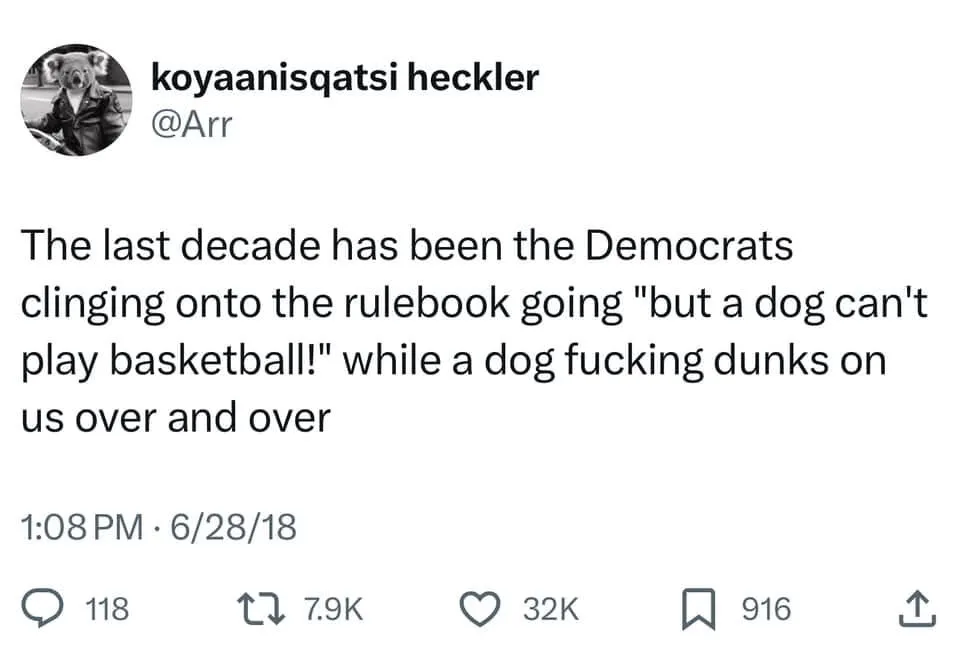 A screenshot of a tweet from user 'koyaanisqatsi heckler' (@Arr) dated June 28, 2018, showing a koala in a leather jacket…