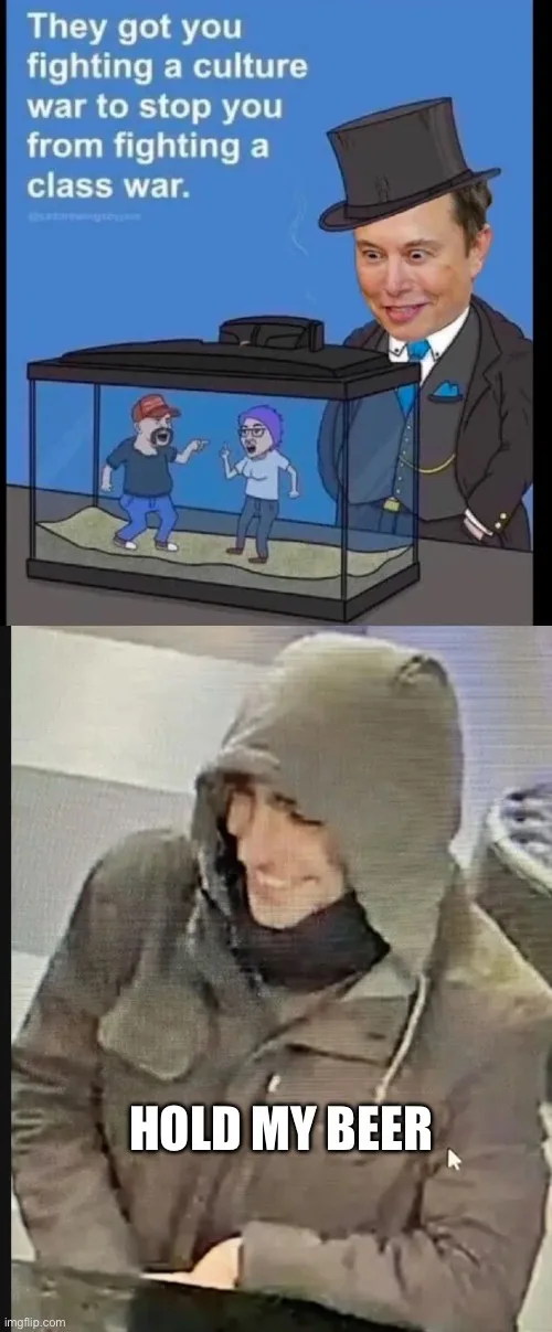The top panel shows a cartoon of Elon Musk in a top hat watching two animated characters fight inside a fish tank, with text…