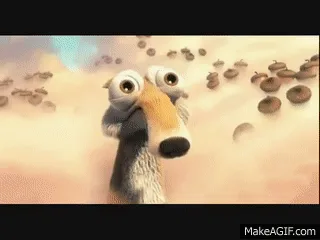 A sequence of six frames from the animated movie 'Ice Age' shows the character Scrat, a small saber-toothed squirrel…