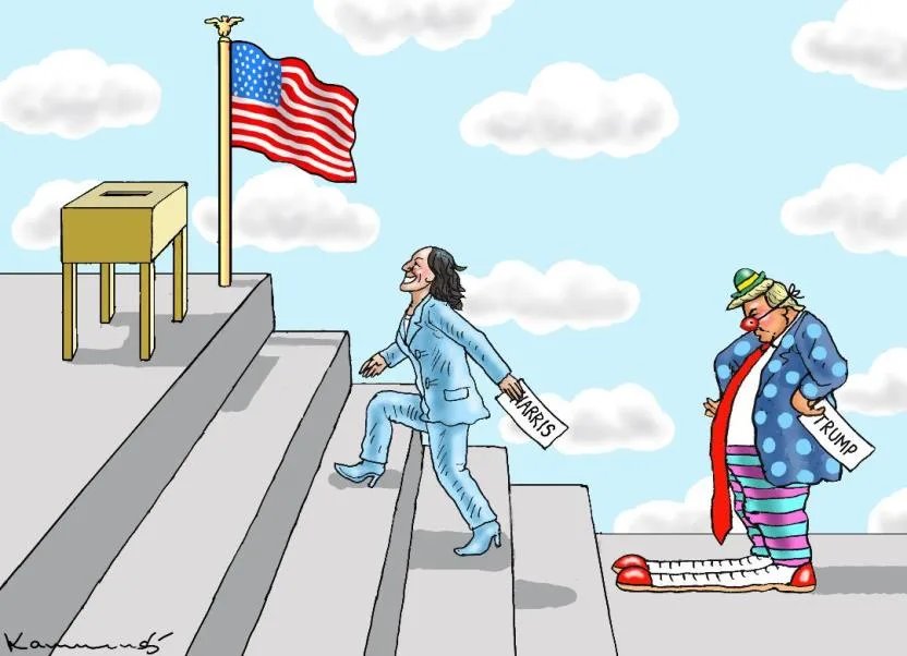 A cartoon depicts Kamala Harris in a blue suit joyfully ascending steps toward a ballot box under an American flag, while a…