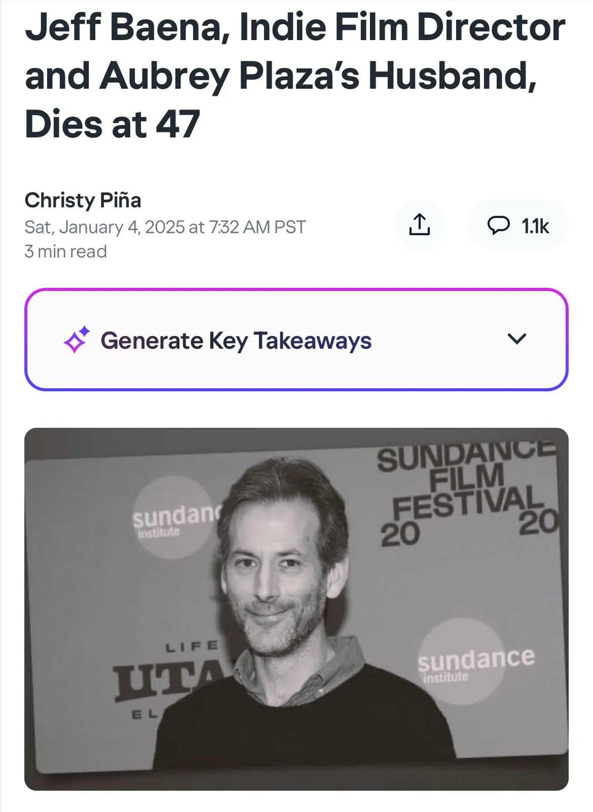 A screenshot of a fake news article headline announcing the death of Jeff Baena at 47, featuring a black and white photo of…