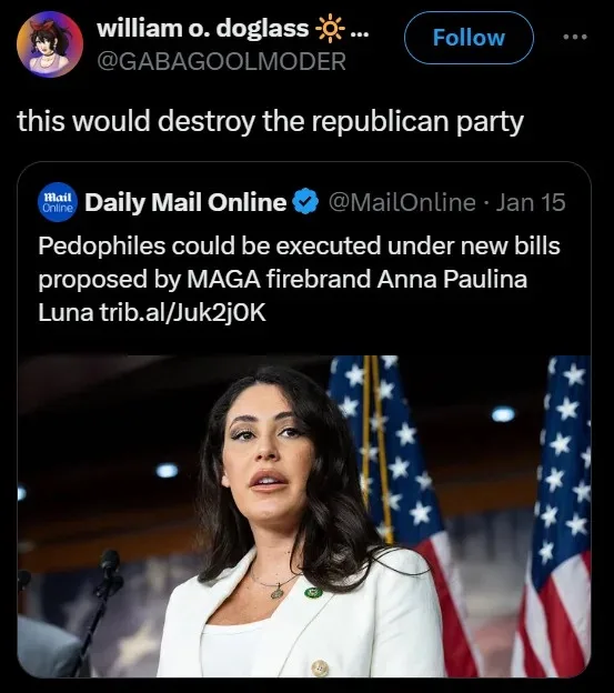 A screenshot of a tweet from 'william o. doglass' (@GABAGOOMODER) shows a quote from the Daily Mail Online about 'Pedophiles…