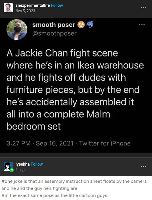 A screenshot of a Twitter thread shows a user describing a fictional Jackie Chan fight scene set in an Ikea warehouse, where…
