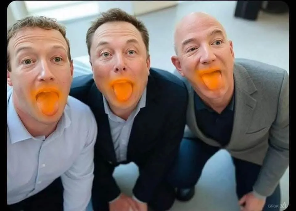 three men, identified as Mark Zuckerberg, Elon Musk, and Jeff Bezos, are photographed from above, each sticking out their…