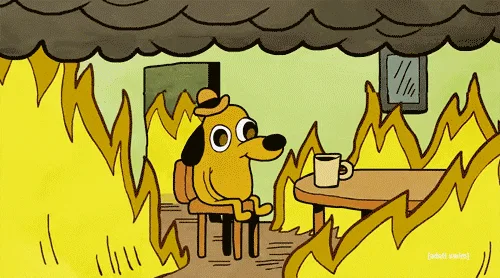 A six-panel comic strip featuring a yellow cartoon dog wearing a hat, calmly sipping from a mug while surrounded by flames…