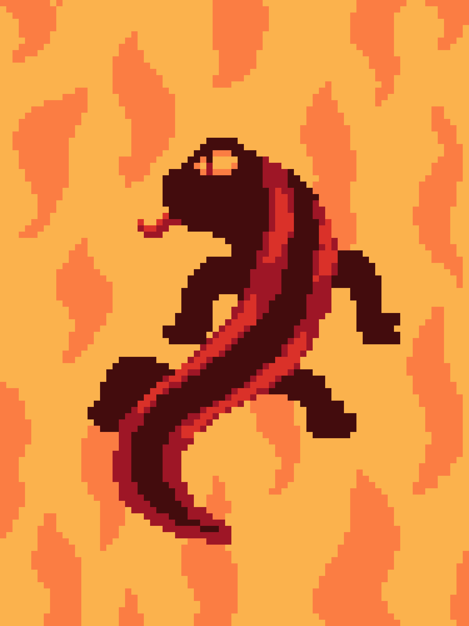 A pixelated, dark brown, cartoonish figure with red accents is depicted in a dynamic, crouching pose against a background of…