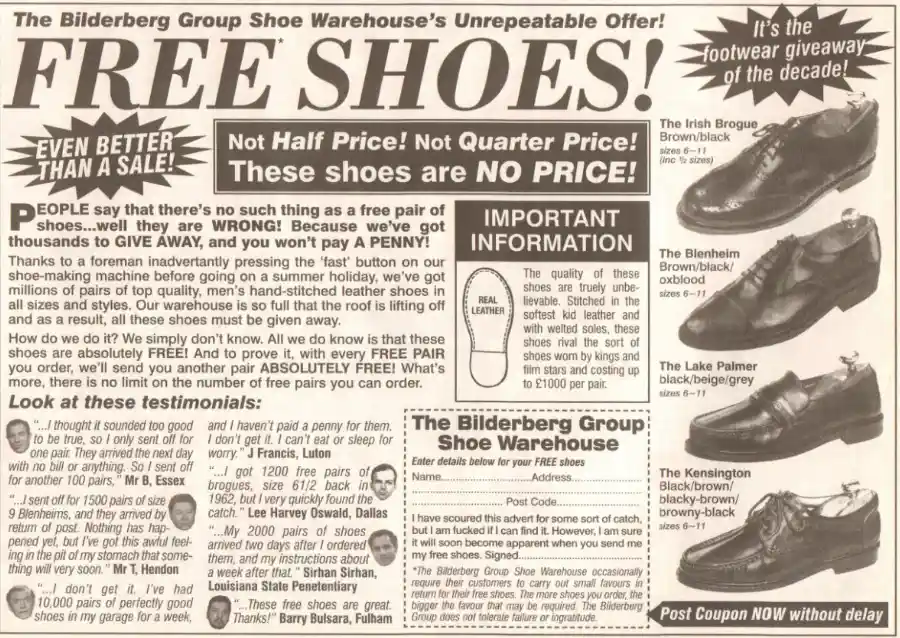 A vintage-style newspaper advertisement for 'The Bilderberg Group Shoe Warehouse' falsely claims to offer 'FREE SHOES' with…