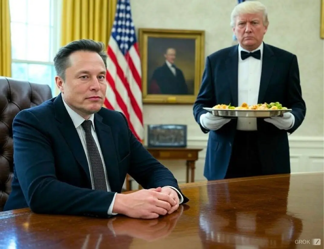 elon musk sits at a large wooden desk in what appears to be the oval office, wearing a dark suit and tie, looking forward…