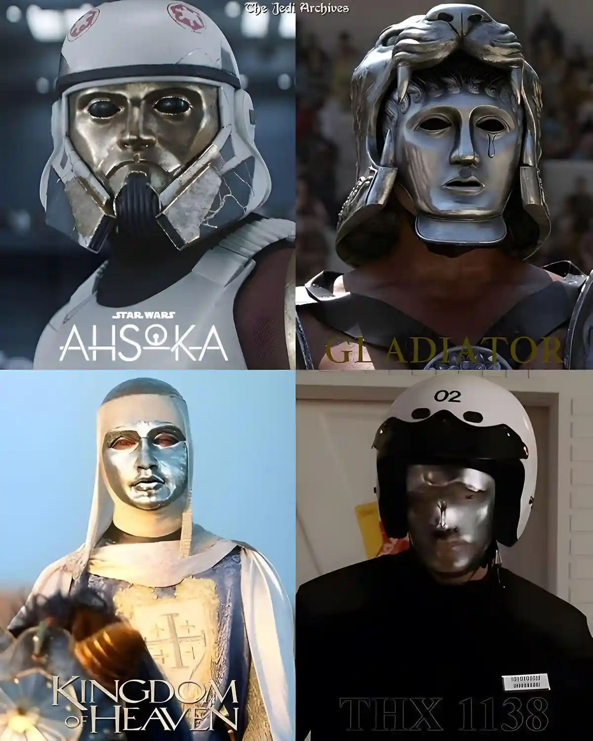 A four-panel image collage showing characters from different films, each wearing a mask or helmet. Top left: Ahsoka Tano…