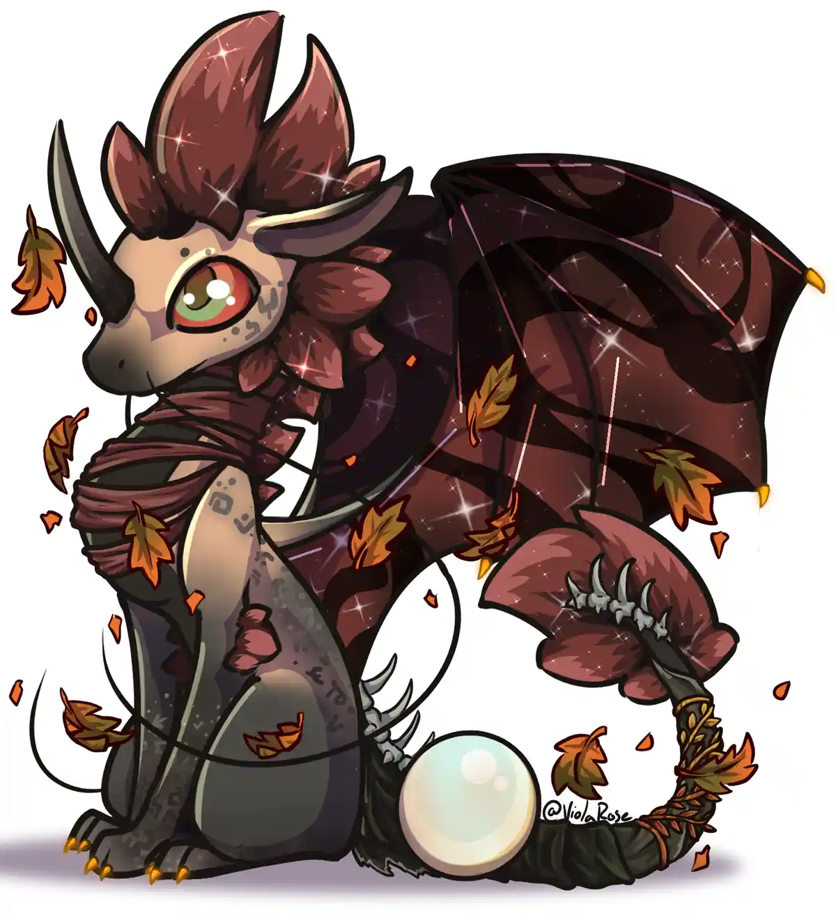 A cute, chibi-style dragon with brown fur, large green eyes, and dark wings sits holding a crystal ball, surrounded by…
