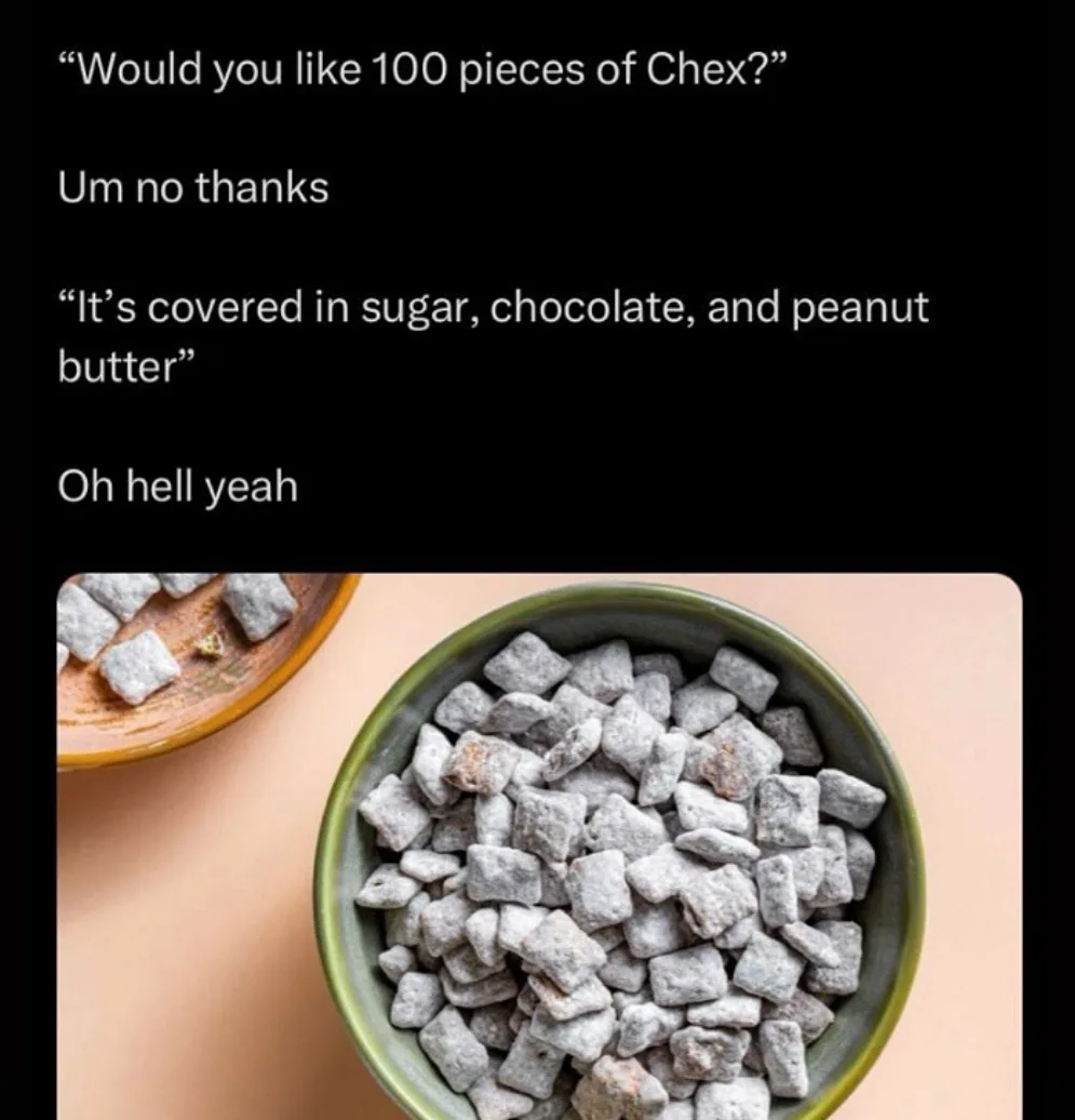 An overhead photo shows a green bowl filled with Chex cereal coated in sugar, chocolate, and peanut butter, with a smaller…