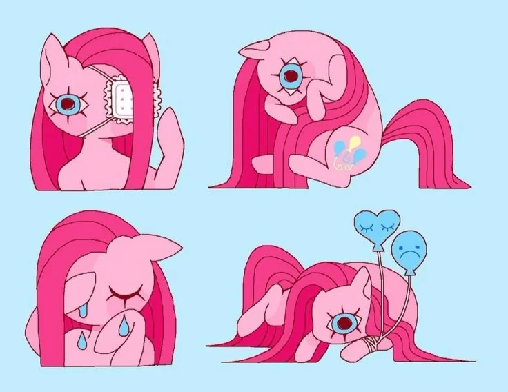 A four-panel comic strip featuring the pink pony Pinkie Pie in progressively more distressed states: first with an eye…