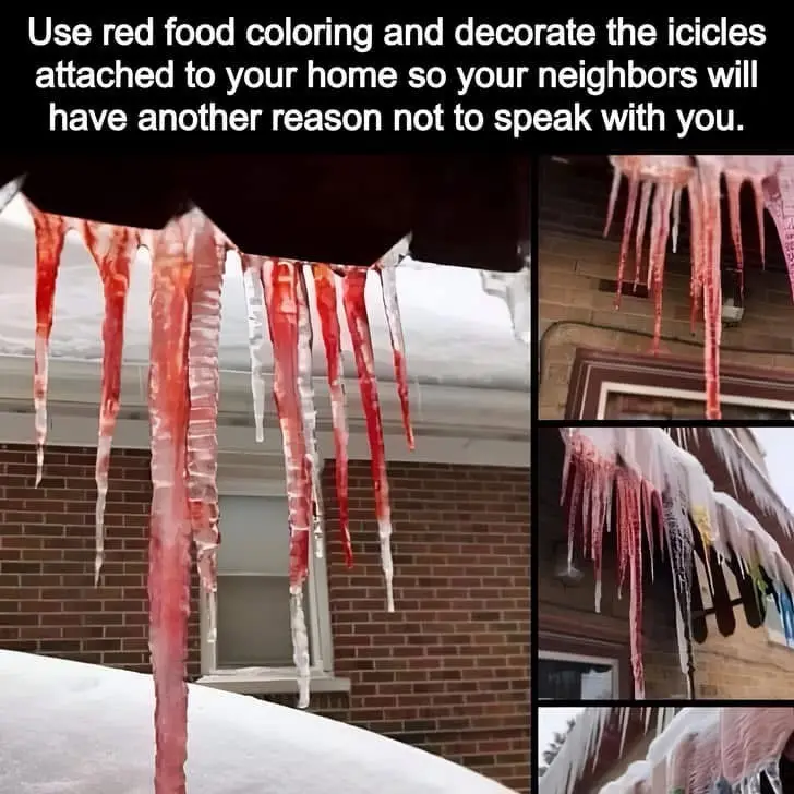 A collage of images shows icicles hanging from a roof, dyed red with food coloring, against a brick house background. The…