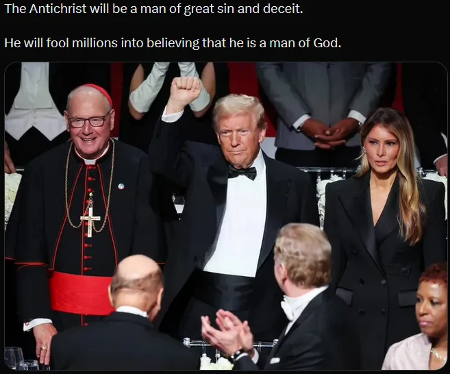 A photo shows Donald Trump in a tuxedo raising his fist, standing next to a smiling cardinal in religious vestments and…
