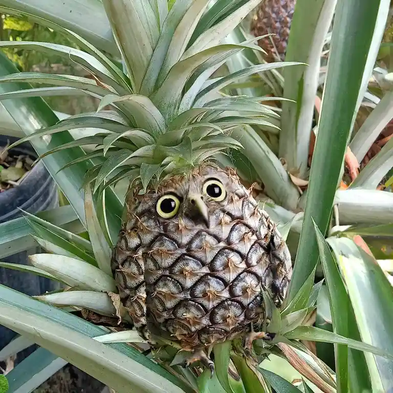 A pineapple with digitally added owl features including large yellow-rimmed eyes, a beak, and talons, overlaid with the text…