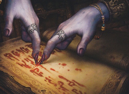 Two pale, tattooed hands with dark nail polish point at a scroll covered in red, blood-like stains and indecipherable…