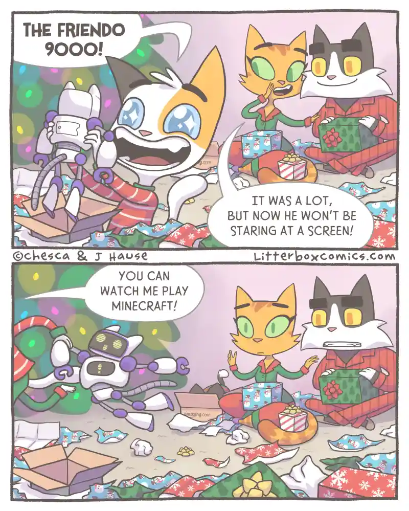 Two anthropomorphic cats sit amidst a mess of torn Christmas wrapping paper and empty boxes. One cat, holding a gift…