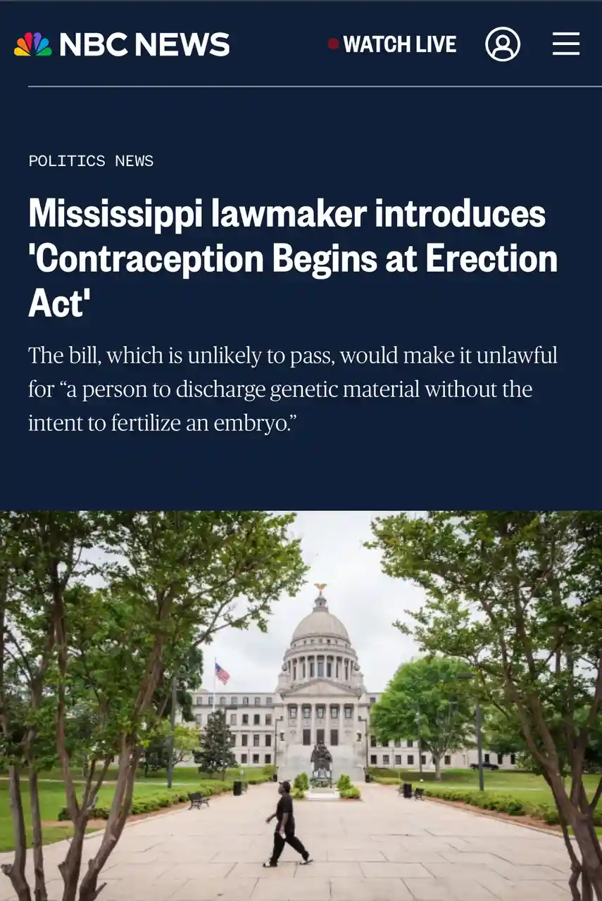 An NBC News article screenshot shows a headline about a Mississippi lawmaker introducing a bill called the 'Contraception…