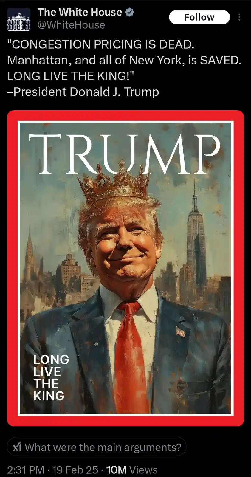 A digitally altered image shows Donald Trump wearing a golden crown, styled like a magazine cover with the word 'TRUMP'…