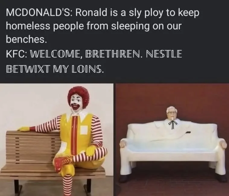 The image displays two side-by-side photos: on the left, a Ronald McDonald statue sits on a wooden bench; on the right, a…