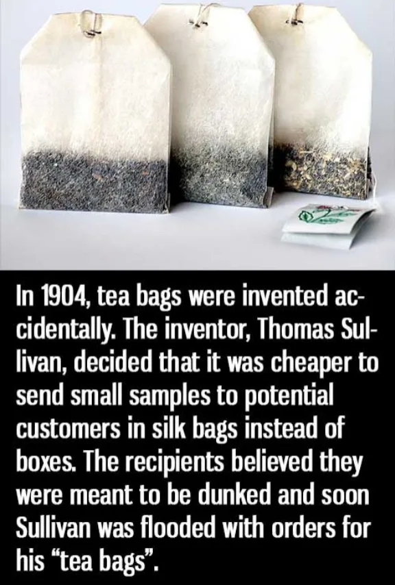 Three used tea bags with visible tea leaves at the bottom sit on a white surface, with a small, folded tea bag wrapper…