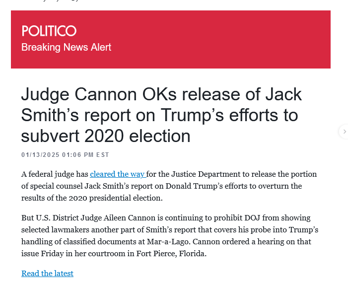A screenshot of a Politico news article with a red header reading 'POLITICO Breaking News Alert'. The headline reads 'Judge…