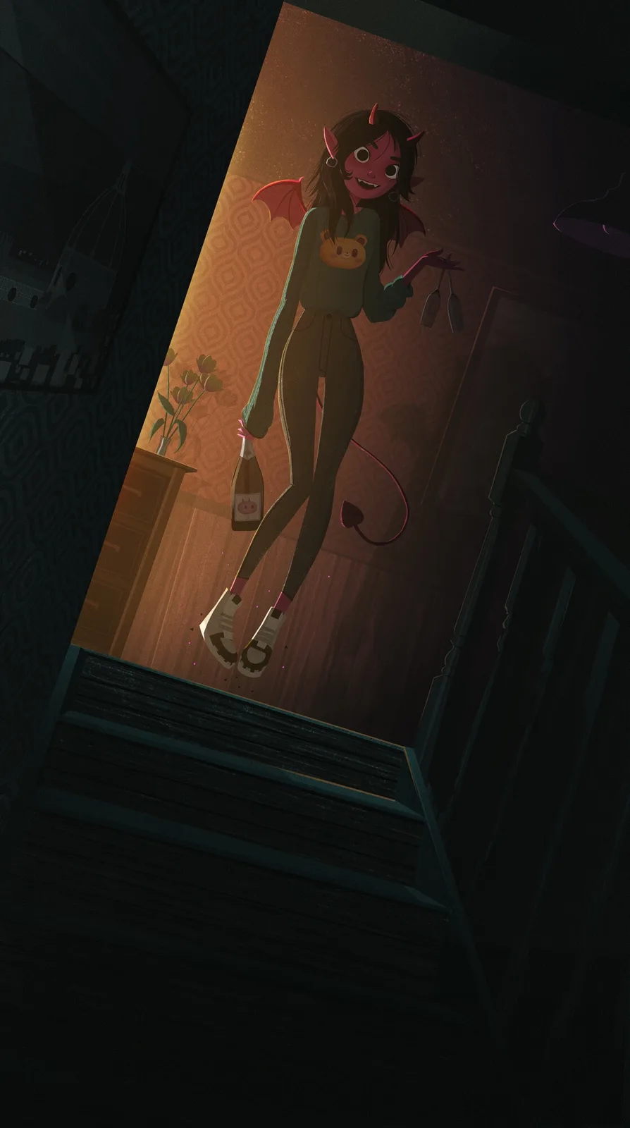 A cartoon devil with red horns, wings, and tail floats down a dark staircase while holding a bottle and a pair of tongs. She…