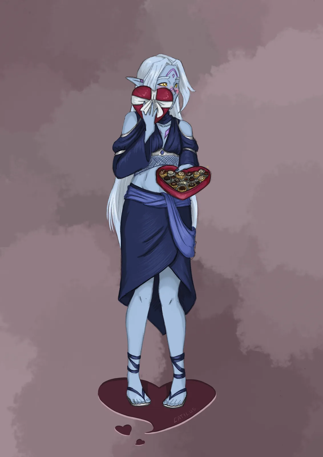 An anime-style character with pale blue skin, white hair, and pointed ears stands on a heart-shaped platform holding a…