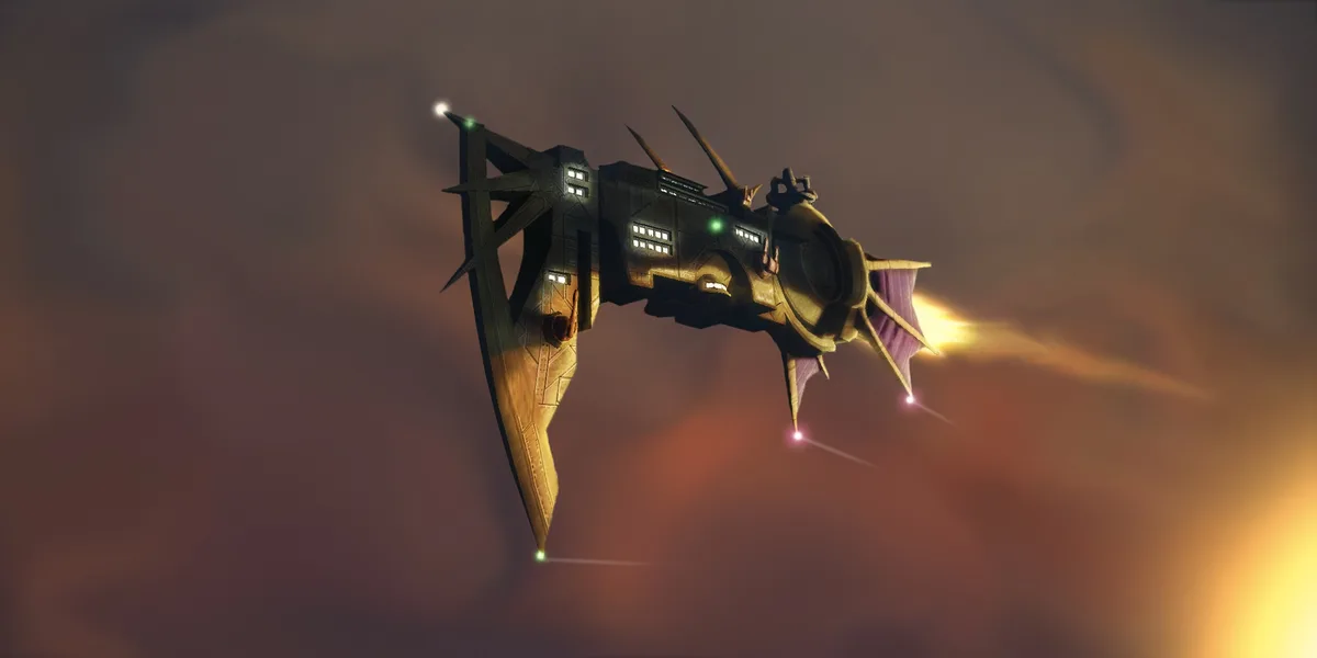 A large, angular, sci-fi spaceship with glowing green lights and a fiery exhaust plume is shown flying against a dusky sky…
