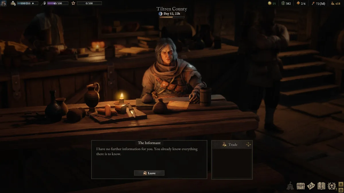 A screenshot from the game 'Kingdom Come: Deliverance' shows a character named 'The Informant' sitting at a wooden table in…