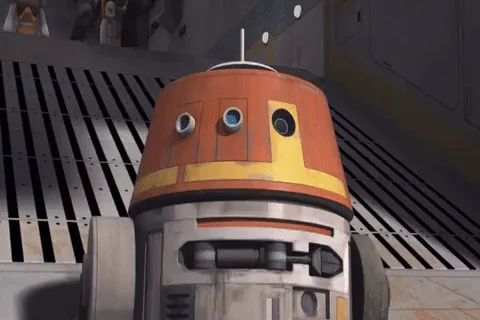 A six-panel image sequence shows the droid Chopper from Star Wars animated series. In the first three panels, he raises his…