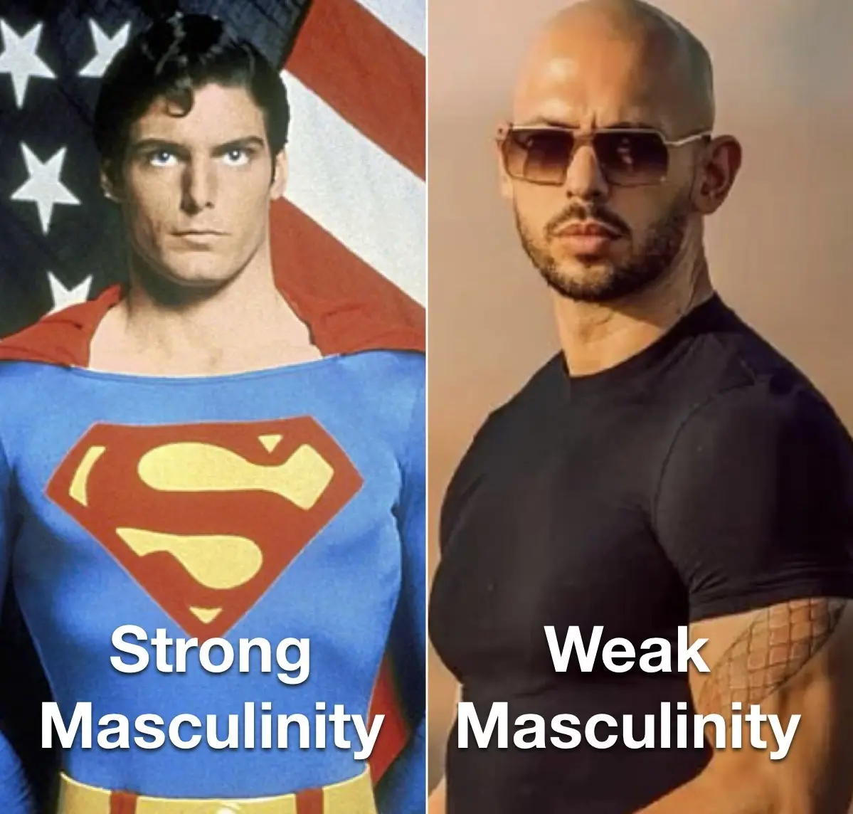 The image is split into two panels. The left panel shows actor Christopher Reeve as Superman, standing in front of an…