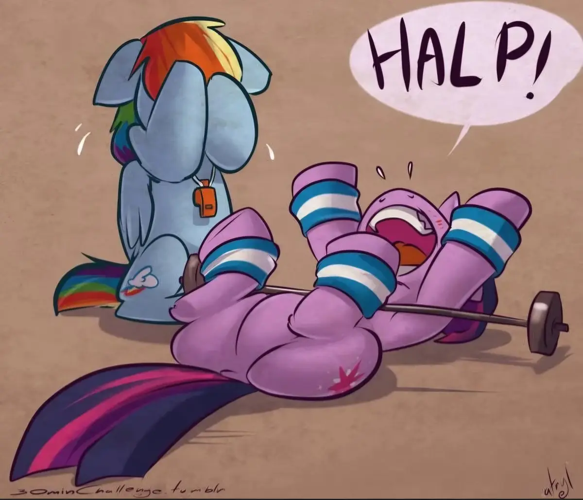 A cartoon pony with a rainbow mane and tail sits on the ground, covering its face with its hooves and sweating, while…