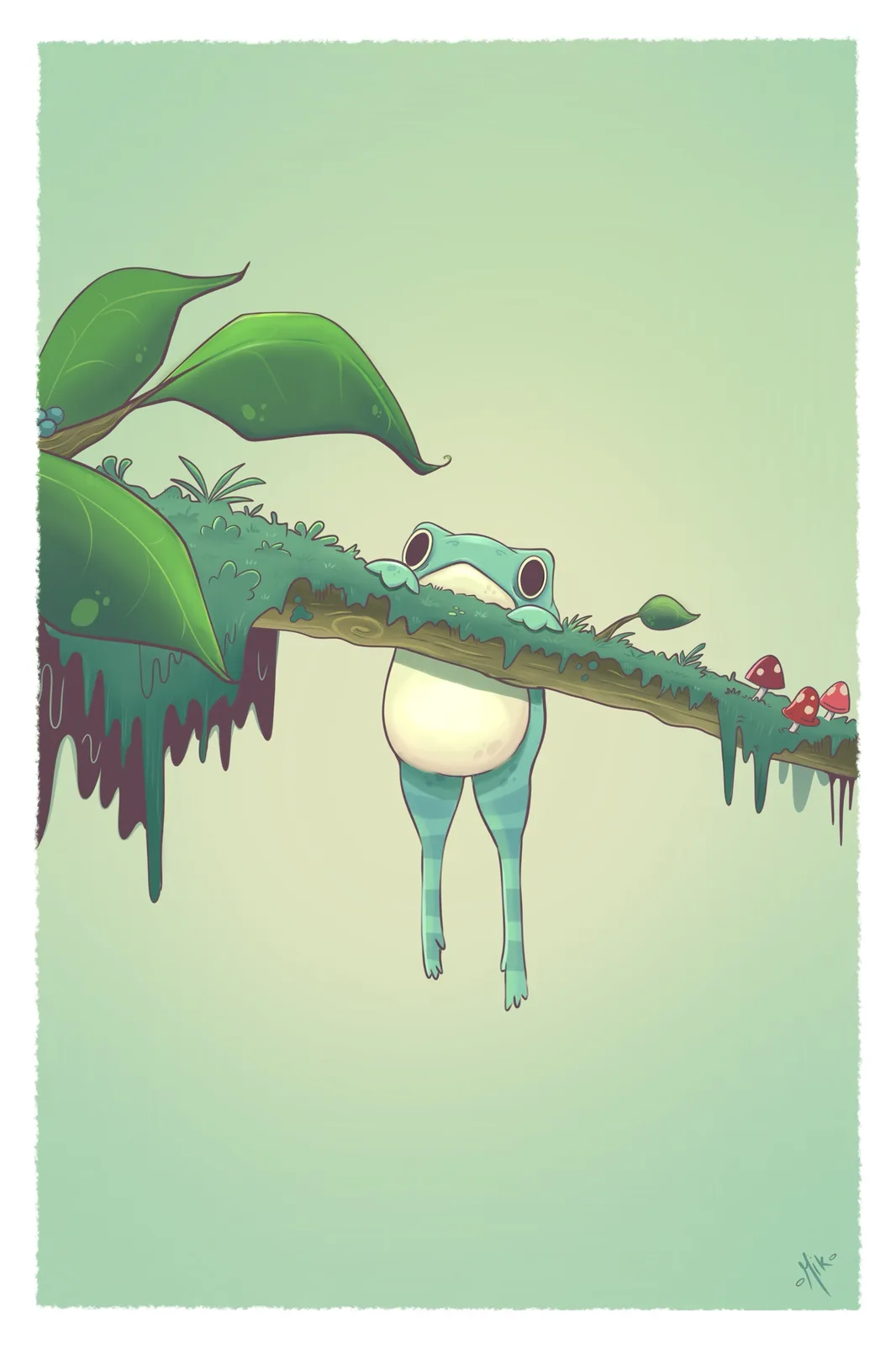 A cartoon frog hangs upside down from a mossy tree branch, its head peeking over the top while its striped legs dangle…