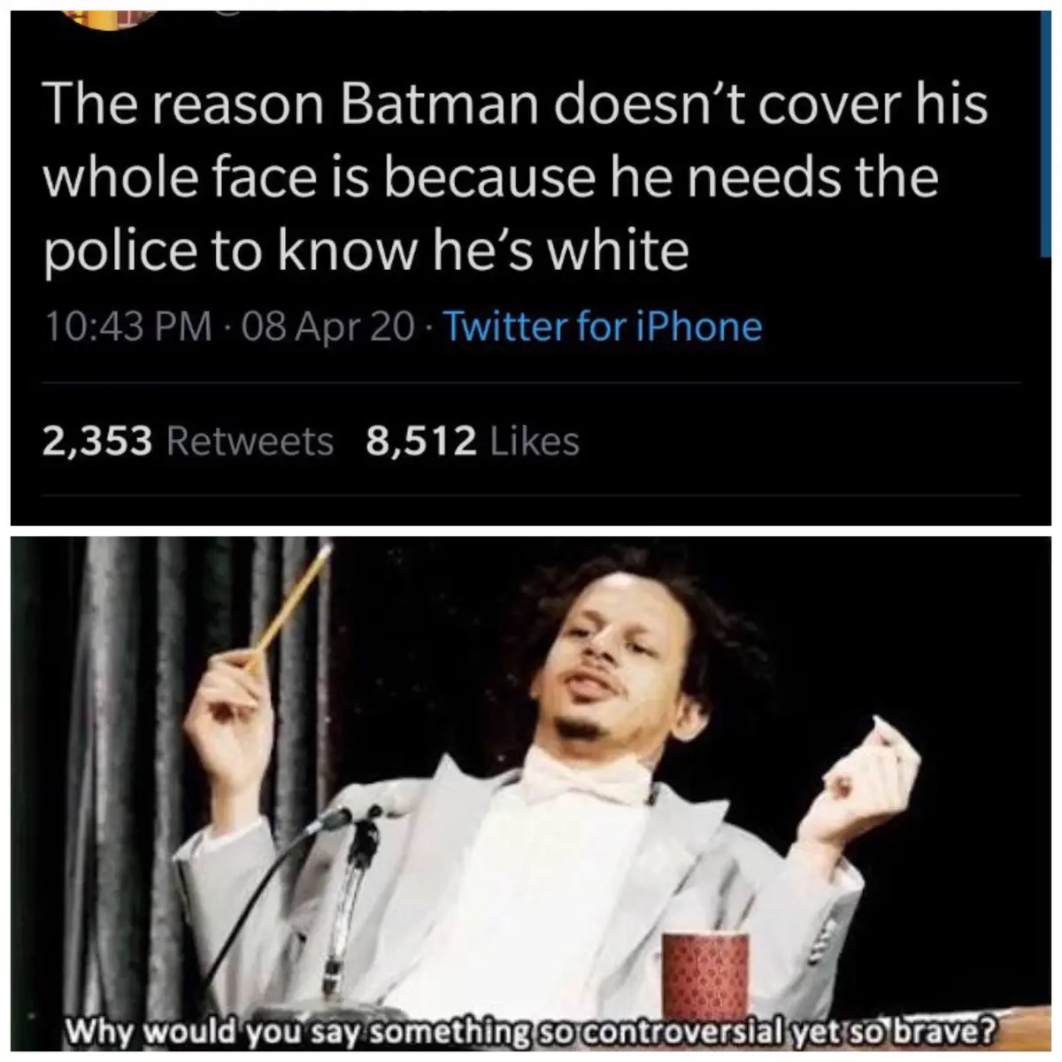 The image displays a screenshot of a Twitter post from April 8, 2020, showing a tweet with 2,353 retweets and 8,512 likes…