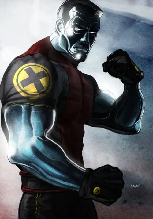 A muscular, silver-skinned superhero with a red and black costume flexing his bicep. His left shoulder features a yellow…