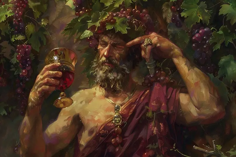 A classical painting depicts a bearded, muscular man with grapes woven into his hair, holding a wine glass and pointing to…