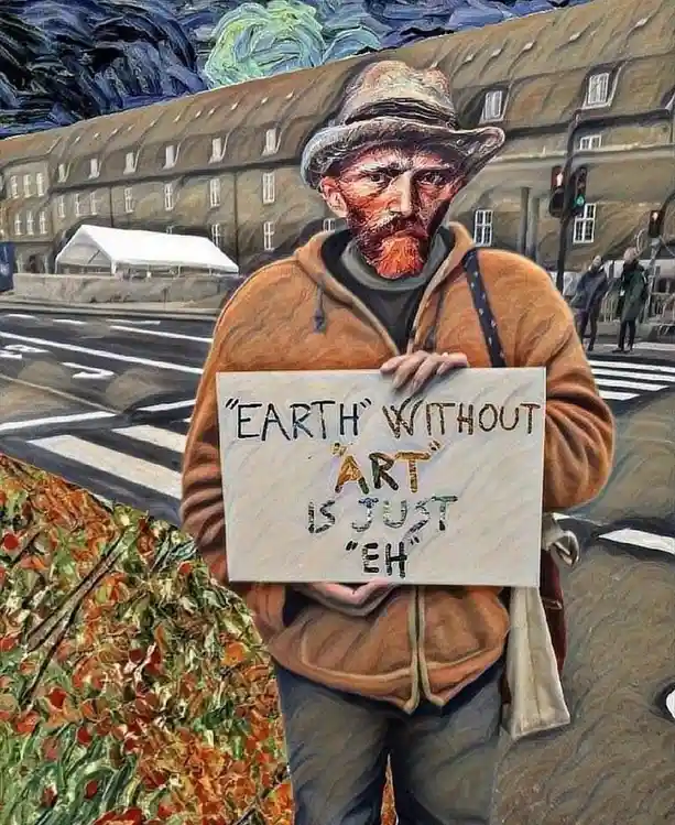 A man with a Van Gogh-style painted face and beard, wearing a modern brown hoodie and hat, stands in a contemporary urban…