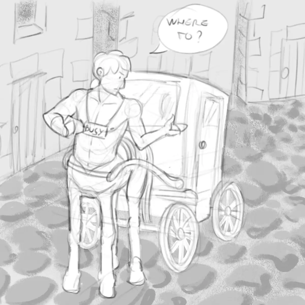 A black-and-white sketch shows a person standing beside a horse-drawn carriage on a cobblestone street. The person has a…
