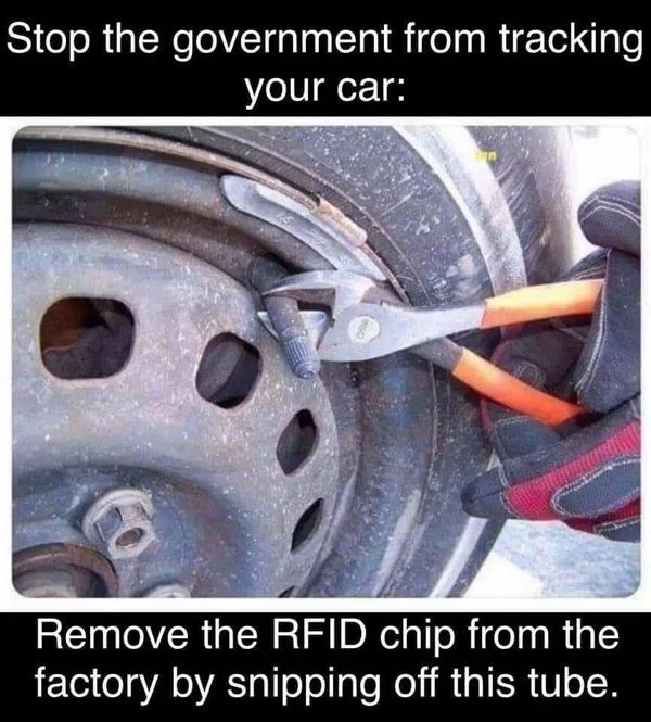A close-up photo shows a gloved hand using pliers to snip a small tube attached to a car's wheel hub. The overlaid text at…