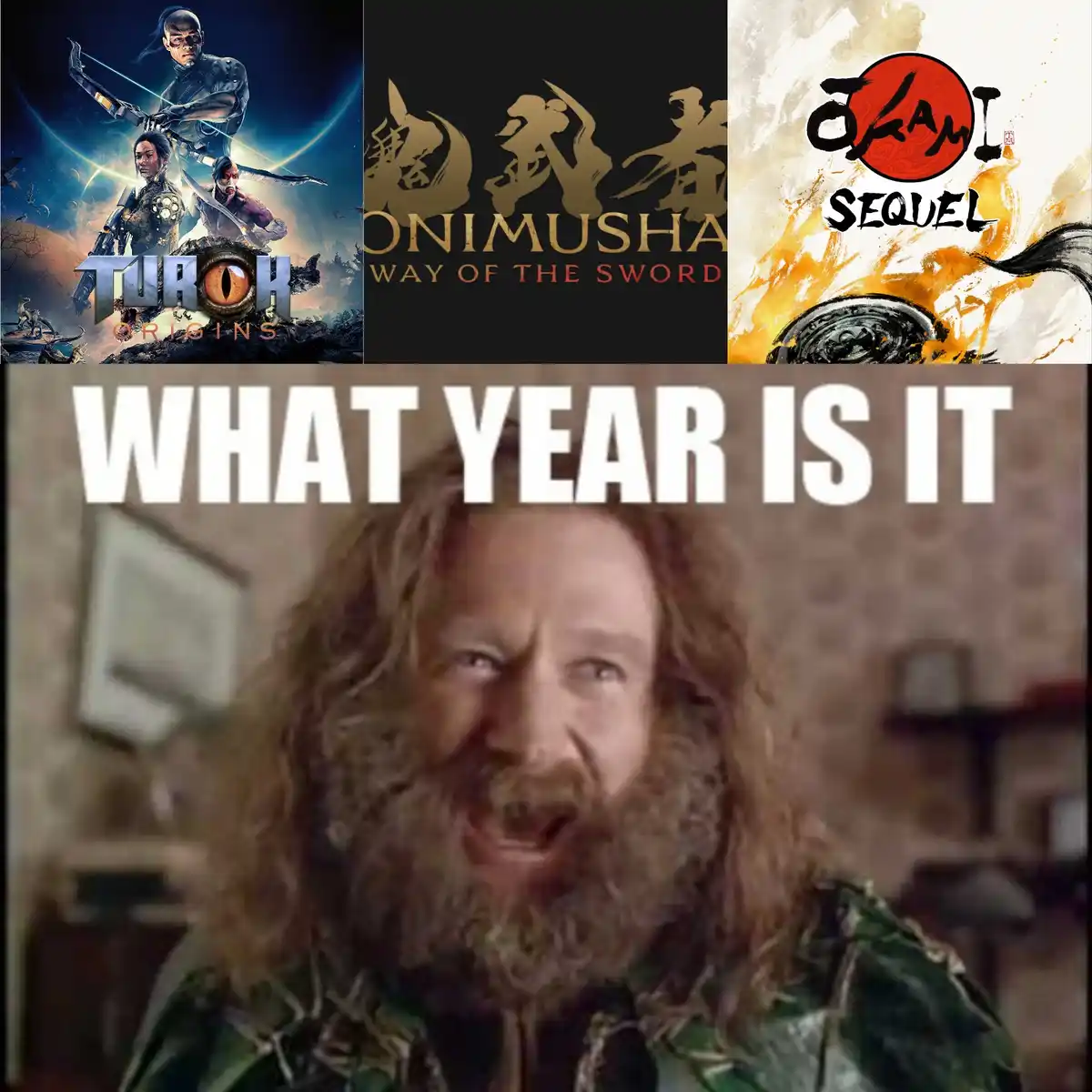 The image displays three video game covers: 'Turok Origins', 'Onimusha: Way of the Sword', and 'Okami Sequel'. Below them is…