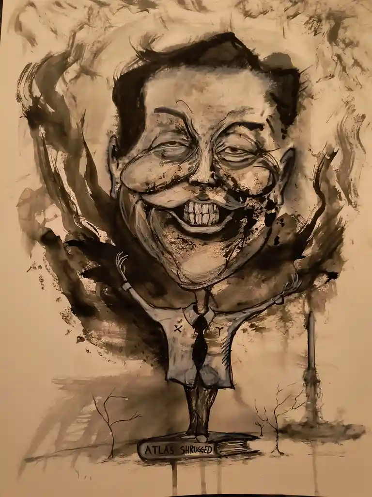 A sepia-toned caricature depicts a man with an exaggerated, wide grin and glasses, wearing a shirt and tie, standing atop a…