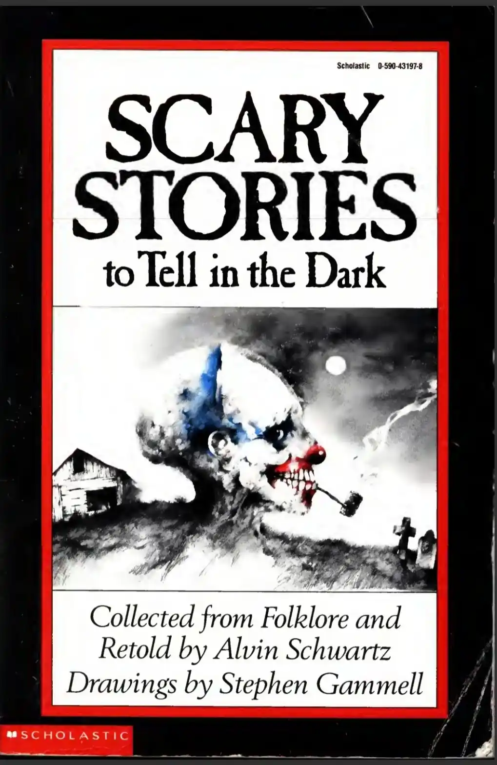The image shows the cover of the book 'Scary Stories to Tell in the Dark' by Alvin Schwartz, featuring a menacing clown with…