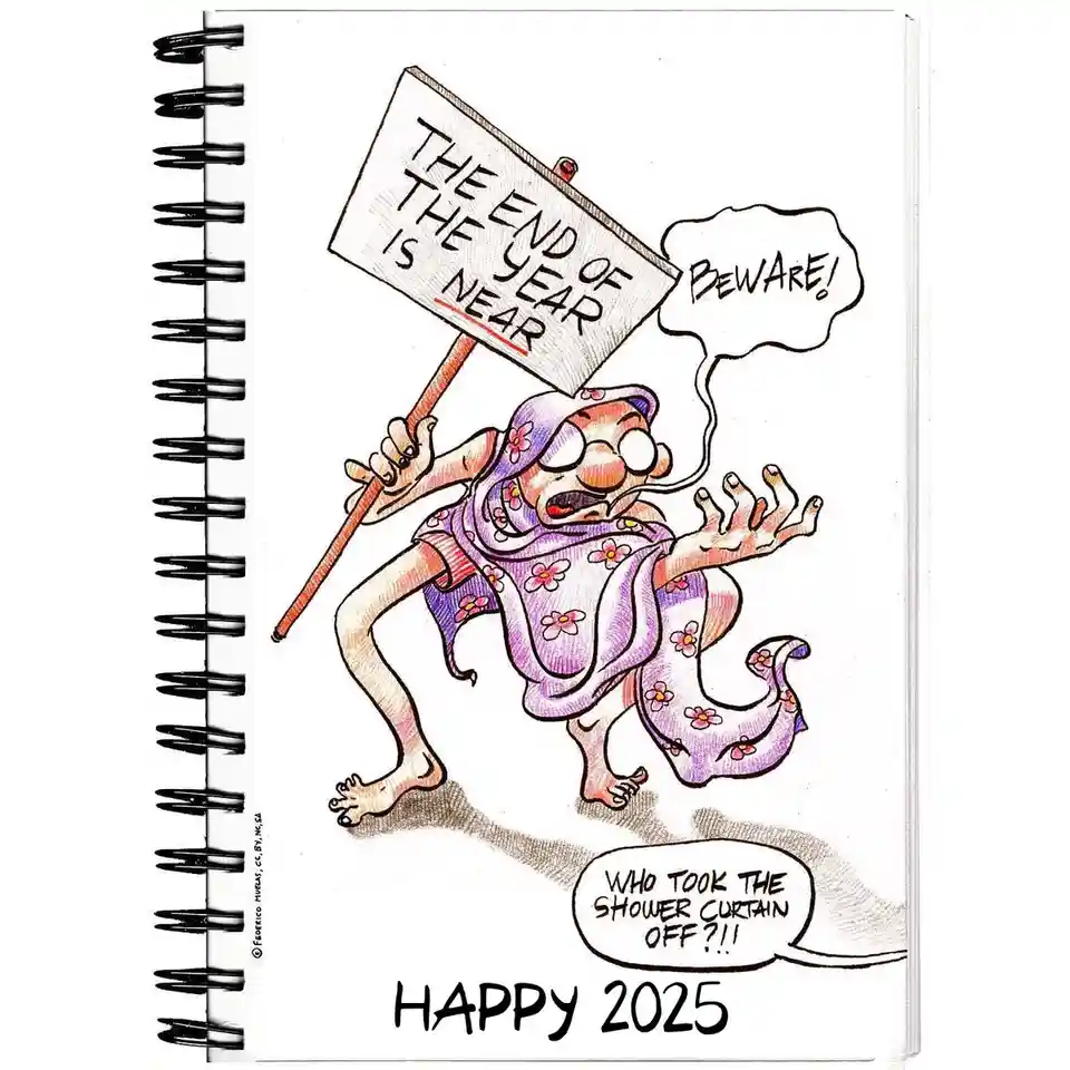 A cartoon drawing of a frantic, barefoot woman in a purple floral robe holding a sign that reads 'THE END OF THE YEAR IS…