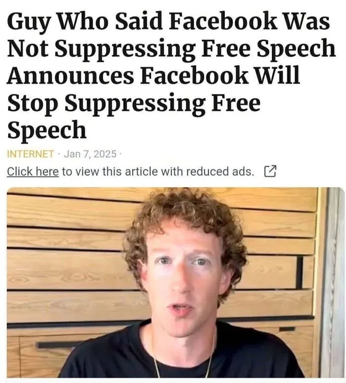 An image of Mark Zuckerberg with a headline overlay that reads 'Guy Who Said Facebook Was Not Suppressing Free Speech…